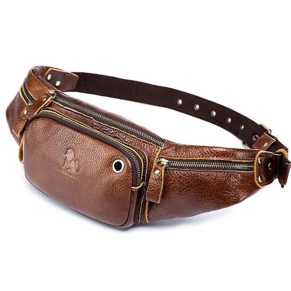100% leather crossbody/ fanny pack/chest bag adjustable w/ 6 pockets UNISEX! - Picture 3 of 5